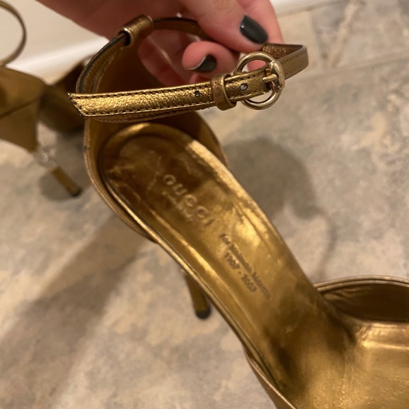 GUCCI Bronze Leather Peep Crystal Bamboo Heels - Picture 8 of 11